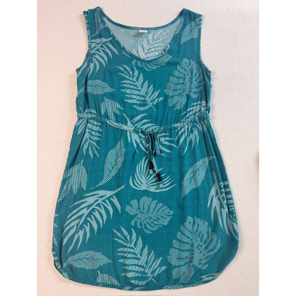 Palmwave Hawaii Teal Palm Leaf Rayon Sundress S Drawstring Beaded Waist Tie